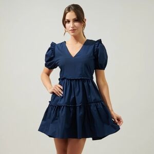 Sugarlips Madrigal Poplin Tiered Mini Dress Sz Small Blue